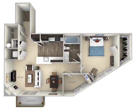 Floor plan for 1 bed, 1 bath, 815 sqft
